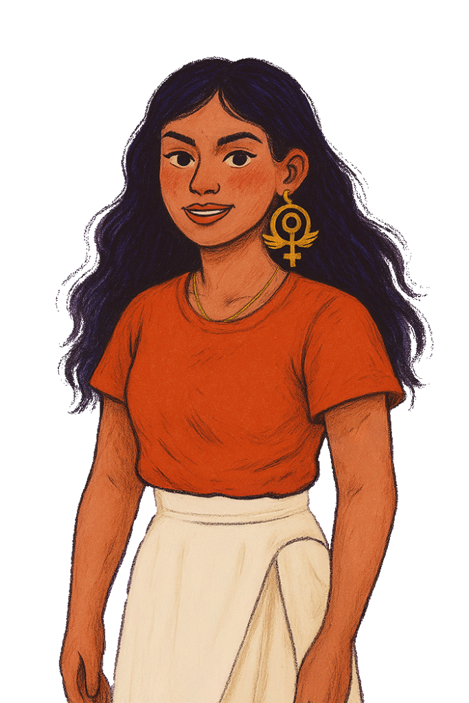 Drawing of a woman named Angela. Oportunidades y visas para mujeres latinoamericanas.