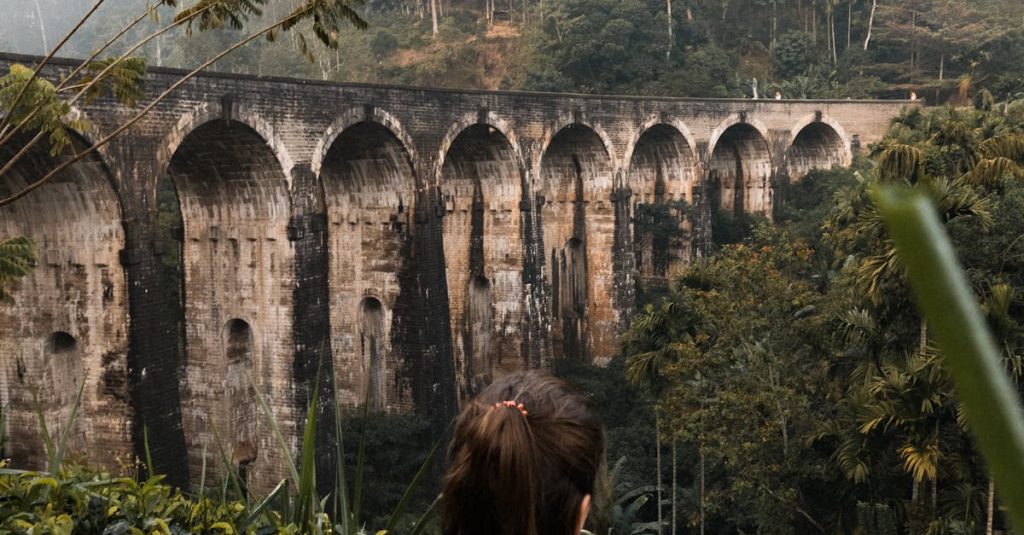 Explore the lush jungle surrounding the iconic Nine Arches Bridge in Ella, Sri Lanka, with a serene back view of a woman.