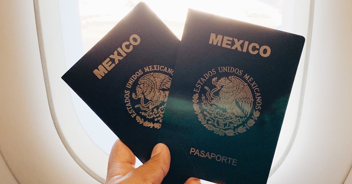 A hand holding two Mexican passports near an airplane window.